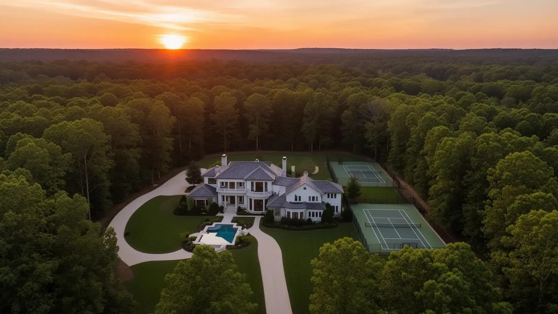 Aerial view of Atlanta luxury estate with swimming pool surrounded by mature trees