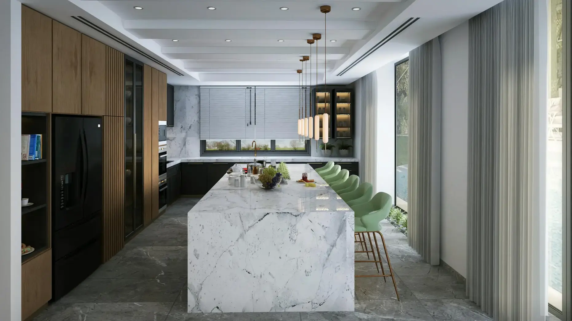Designer luxury kitchen with marble island, green accent chairs and modern fixtures