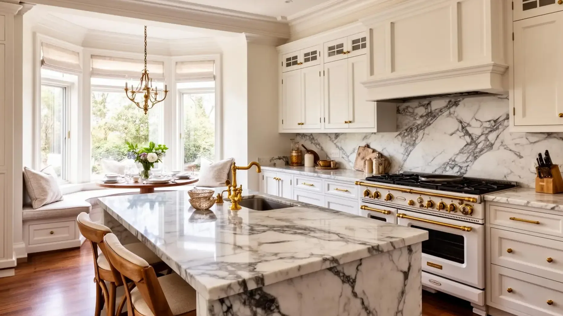 Gourmet kitchen with blue wainscoting, white quartz island and professional appliances