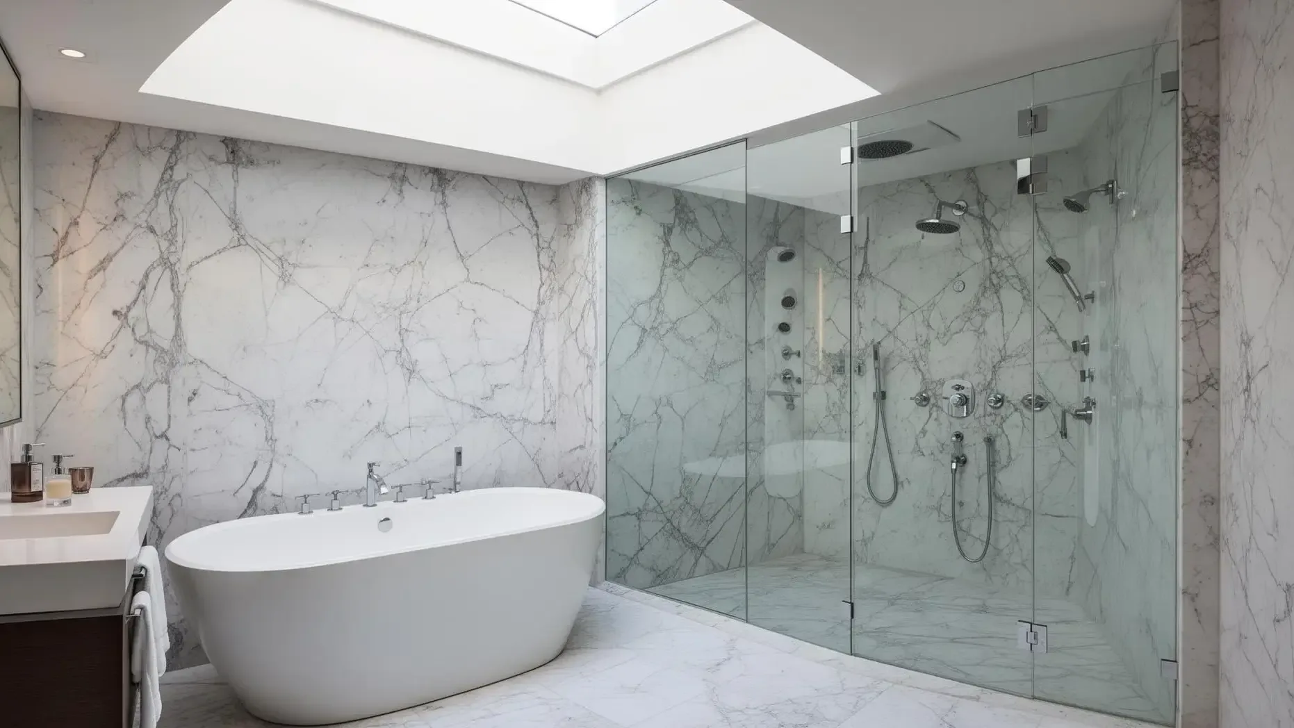 Spa Bathroom with Marble and Gold Luxury spa bathroom with calacatta marble walls, gold trim and glass rain shower